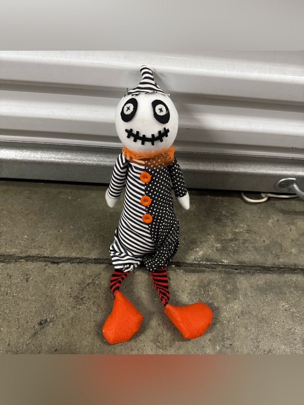 Black & White Striped Halloween Plush Clown Toy with Orange Accents